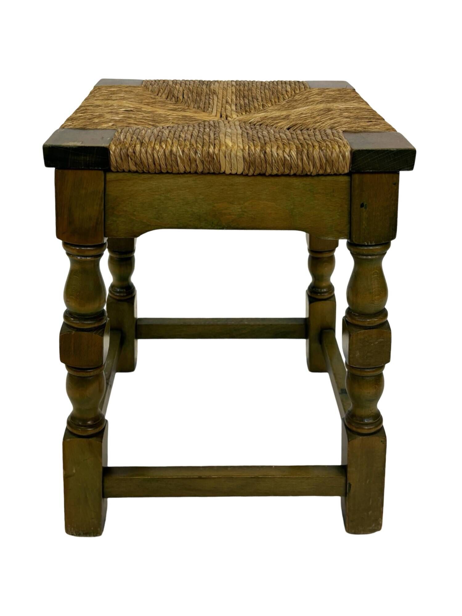 Vintage wooden stool straw seat 70s minimalist design in green