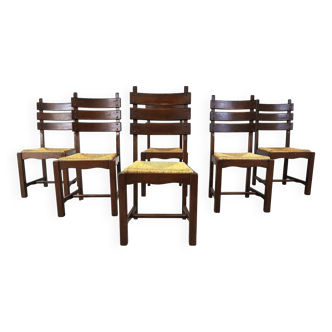 Vintage oak and wicker brutalist dining chairs, 1960s