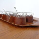 Swedish teak tray with tea cups by Jie Gantofta, 1960s, set of 7.