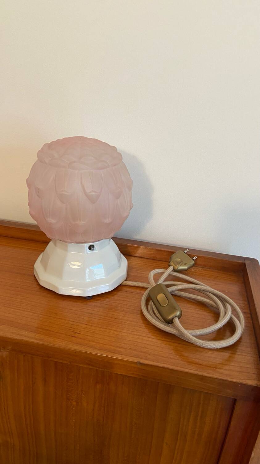 Art Deco powder pink globe lamp and porcelain base