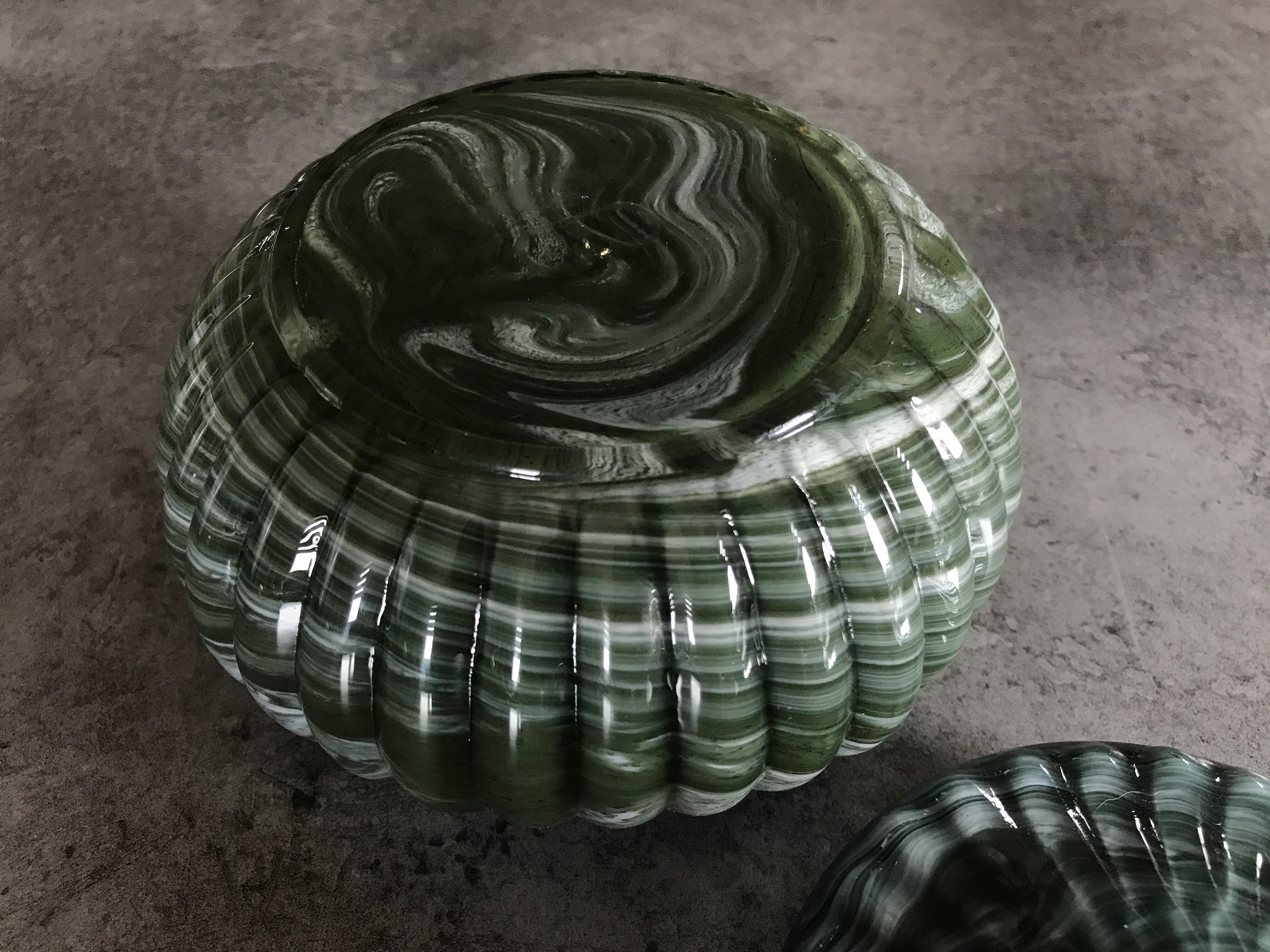 Old candy pot in glass molded effect green and white 12.5 cm