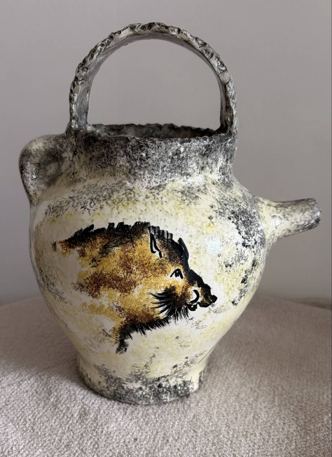 Vintage French Studio Ceramic Pitcher by Ghila – Lascaux Cave Art Styl