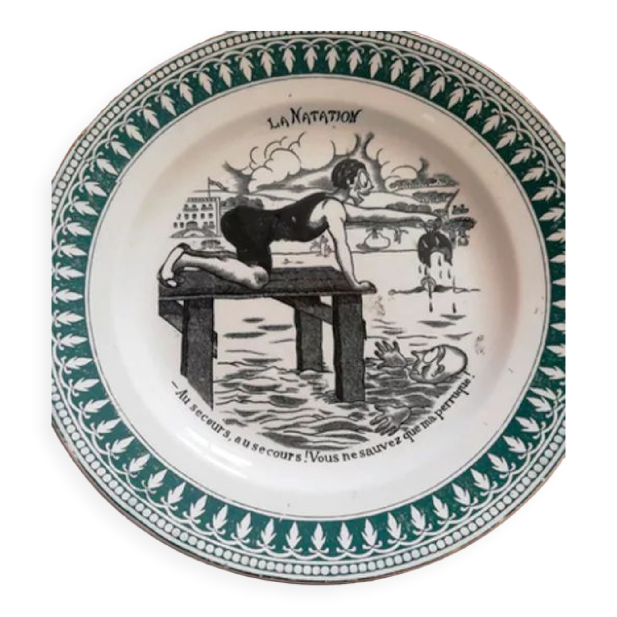 Old vintage dessert plate with drawing and phrase "swimming"