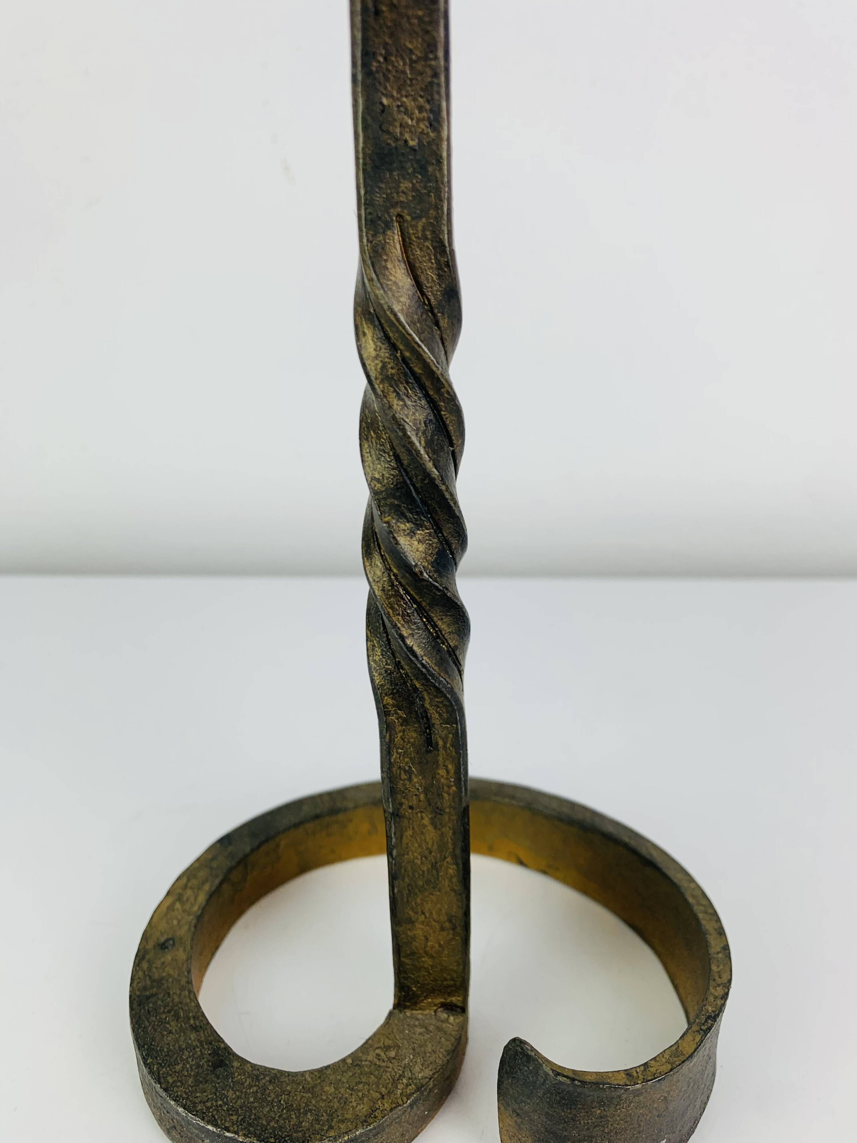 Brutalist candle holder, wrought iron with a golden patina.