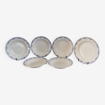 6 Saint Amand and Hamage white/blue earthenware soup plates