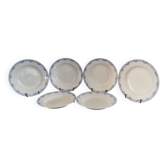 6 Saint Amand and Hamage white/blue earthenware soup plates