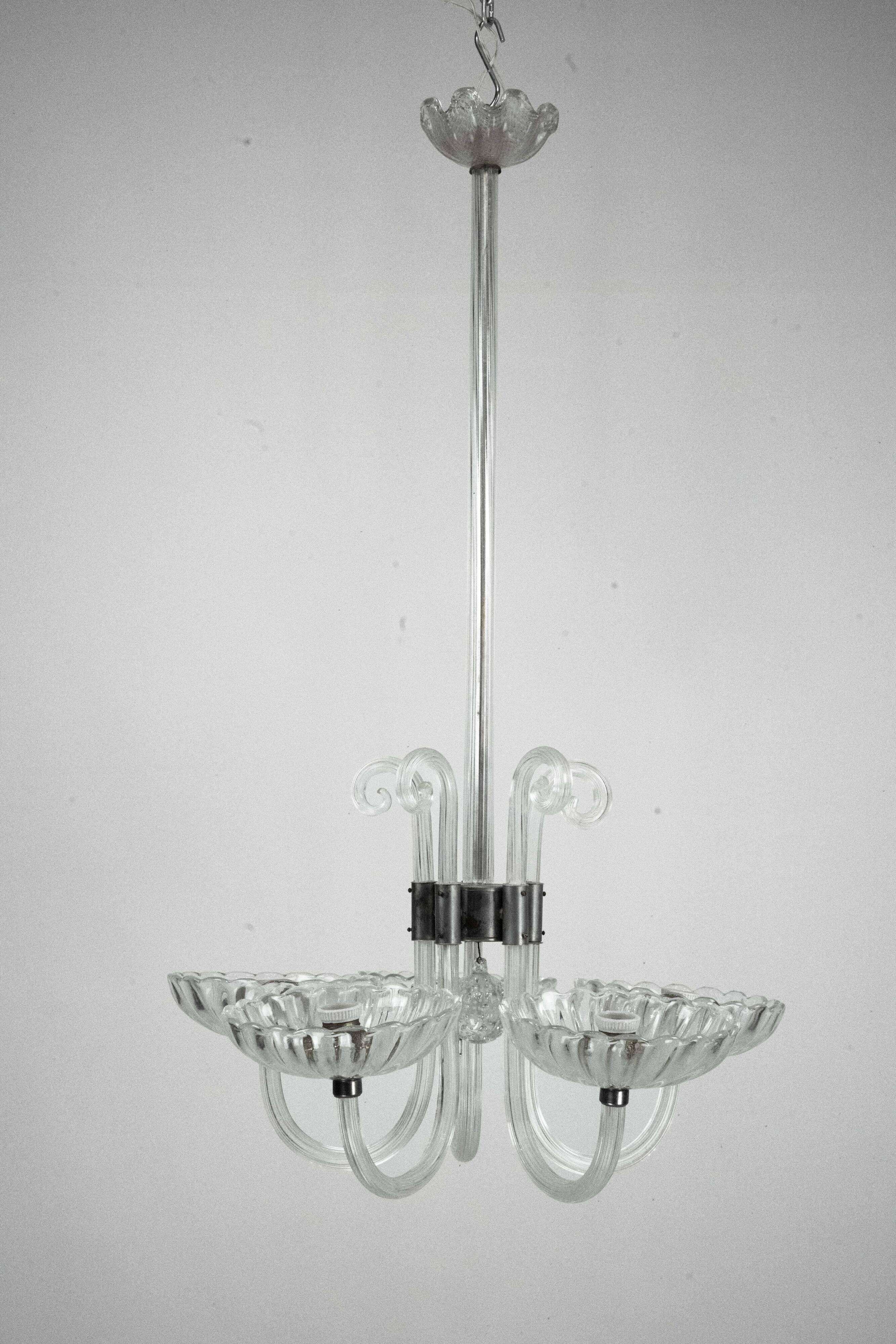 Rare Art Deco Italian Five-Arm Murano Glass Chandelier attributed to Seguso