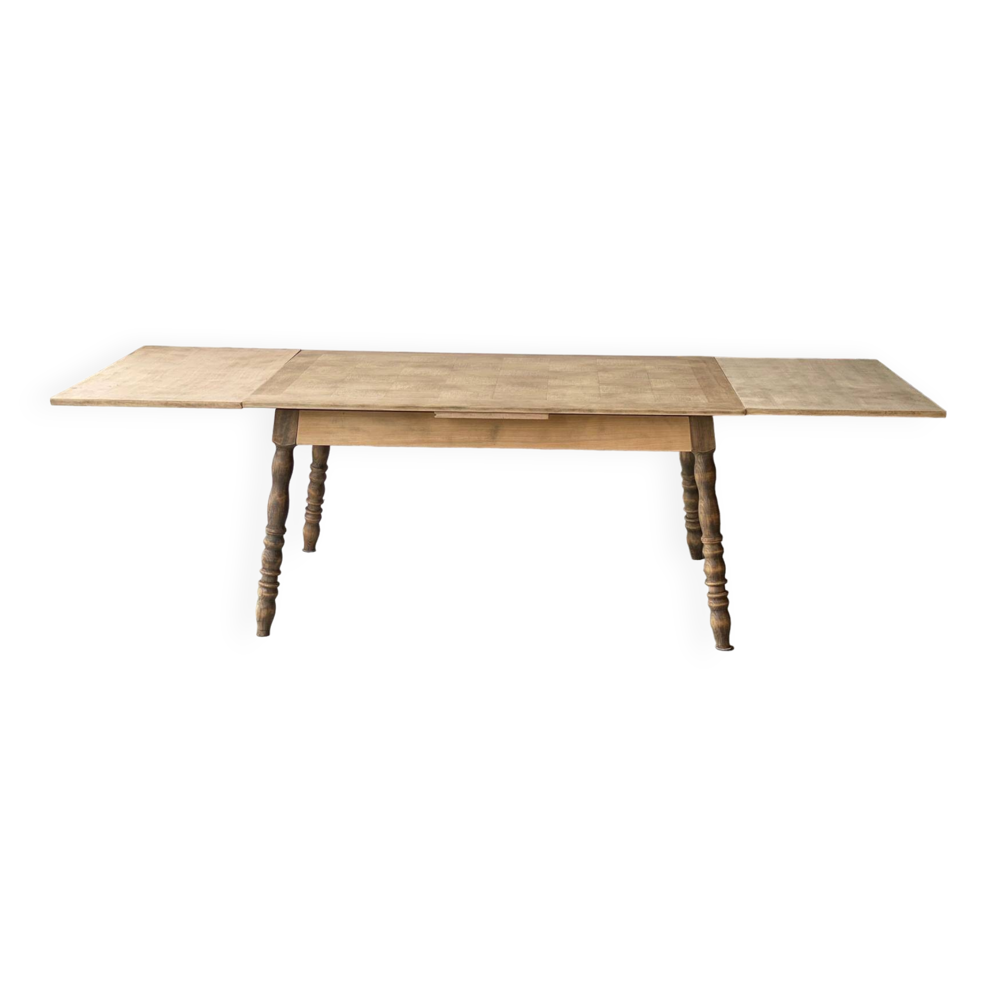 Vintage extendable dining table renovated in marquetry and raw wood
