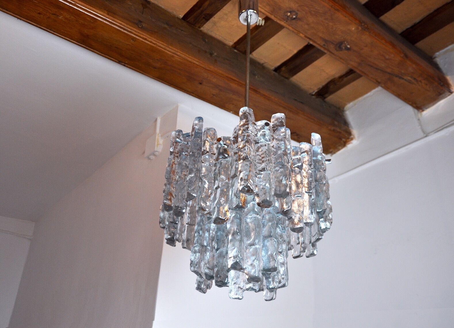 J.T Kalmar 'Glaçon' chandelier, Frosted Glass, 2 Levels, Austria, 1970