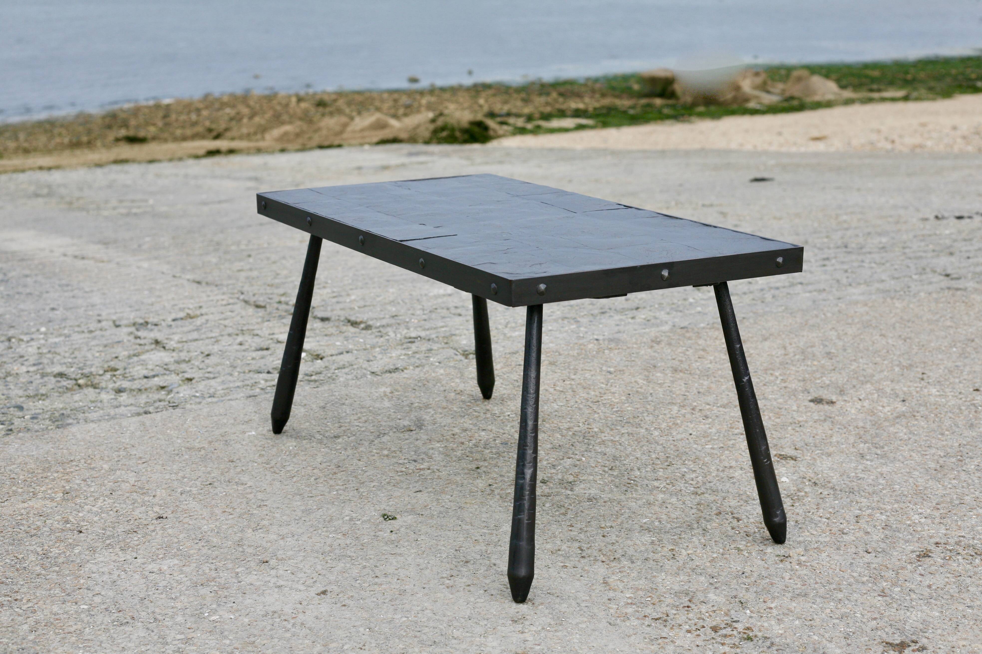 Brutalist coffee table, slate top and steel base, France, 1960s