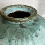 Pot boule à couvercle grés émaillé bleu vintage 1970 signé style Vallauris