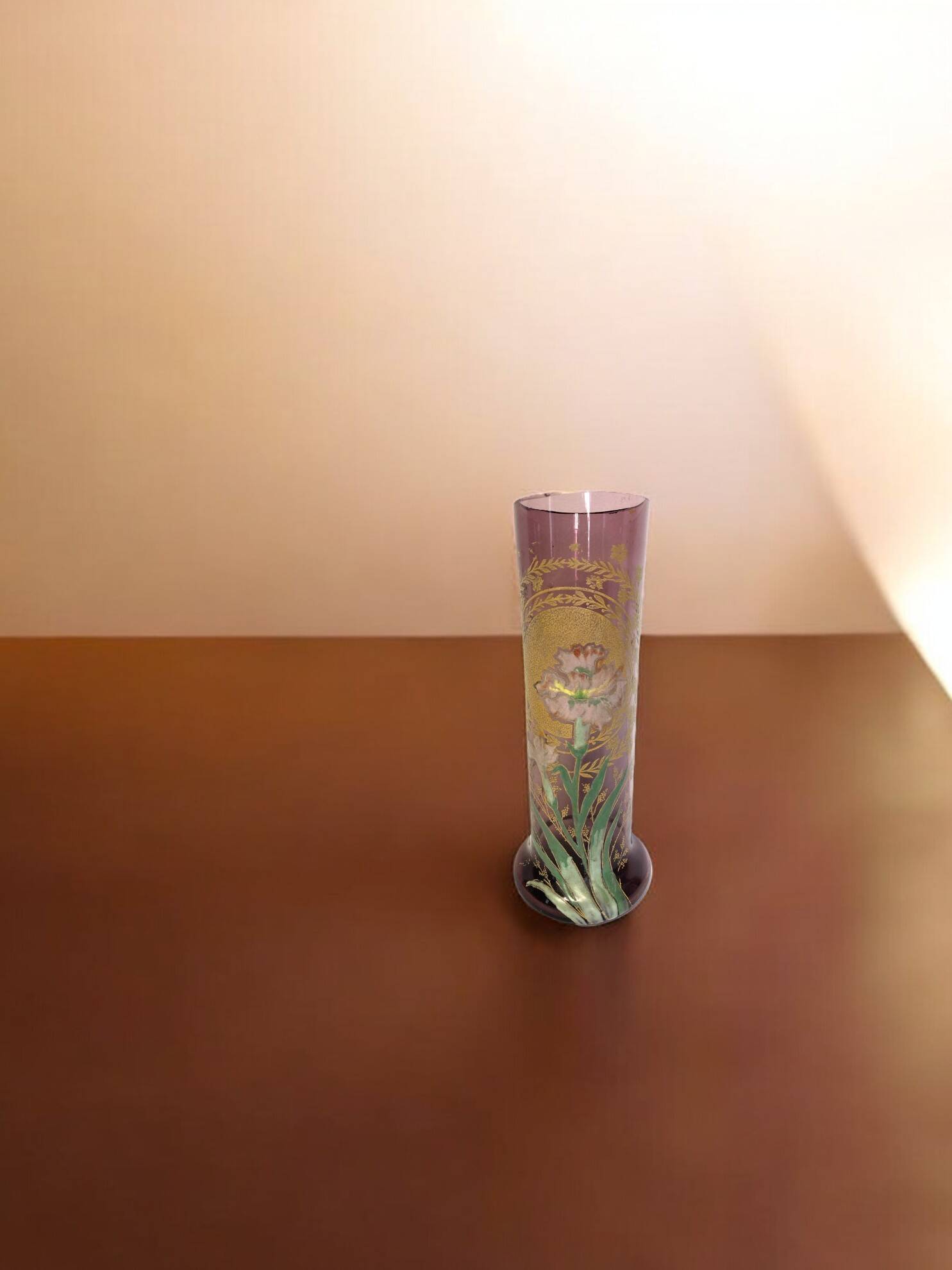 Legras Montjoye, purple enamelled glass vase with carnation circa 1900