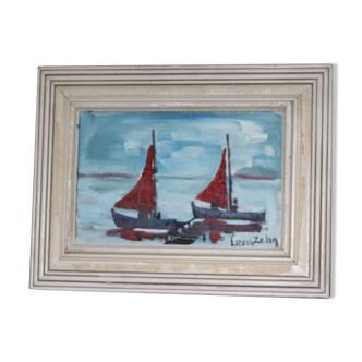 Swedish Mid-Century Oil On board Painting"Twin Barque" By Vasile (Louis) Zelig  (1922 - 1993)