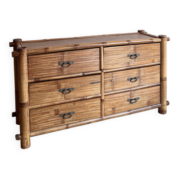 Vintage bamboo sideboard with 6 drawers,