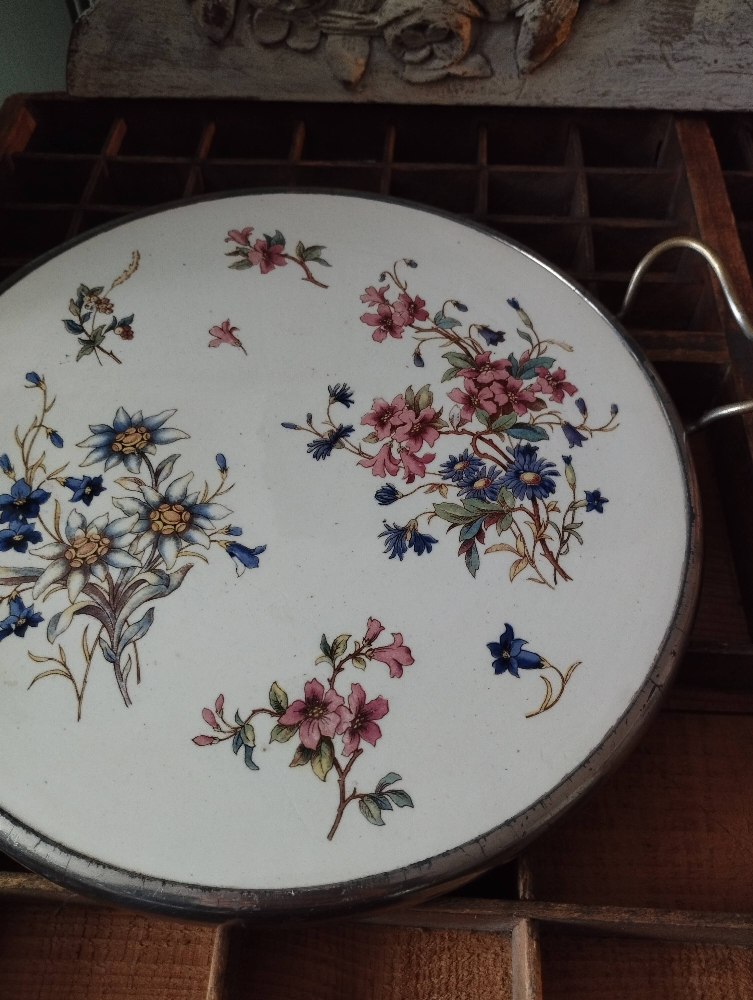 Sarreguemines Digoin “Righi” earthenware tray, metal rim and handles.