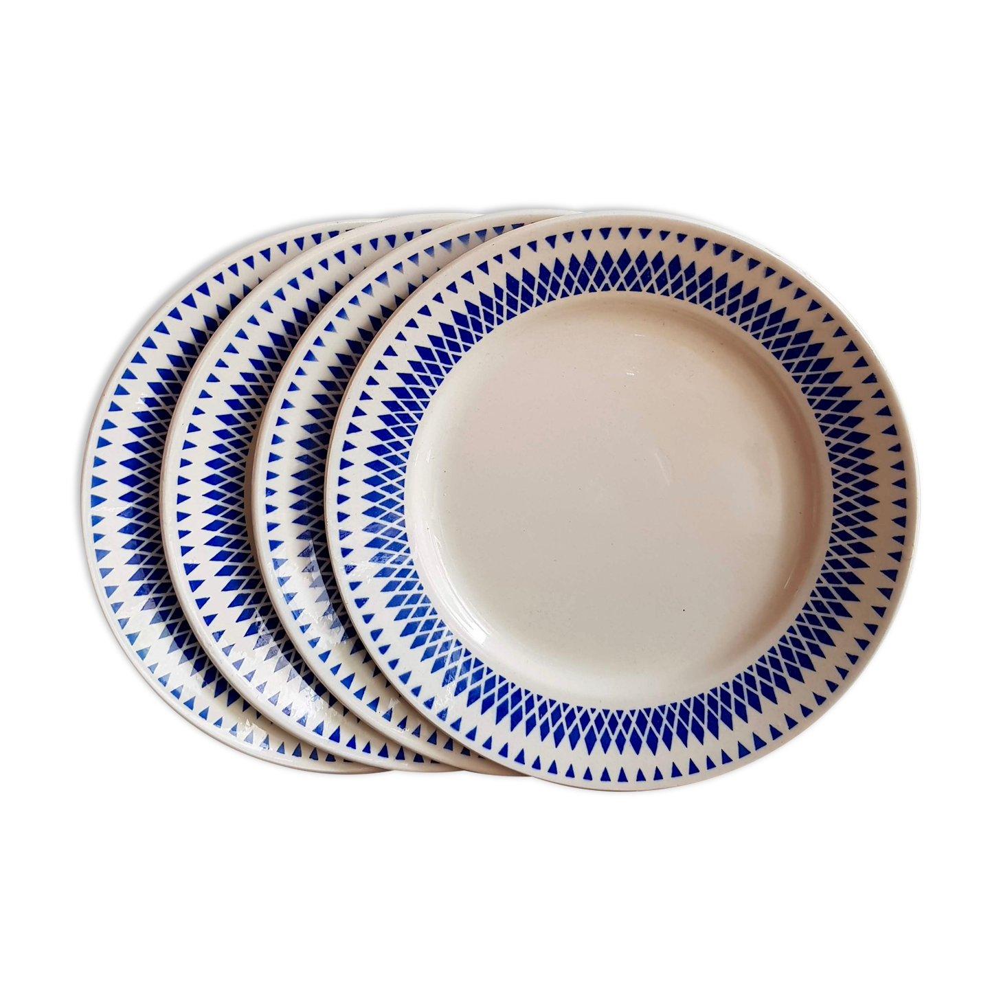 Set of 4 flat plates Badonviller blue geometric décor on cream background
