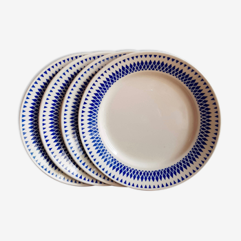 Ensemble de 4 assiettes plates Badonviller décor géométrique bleu sur fond crème