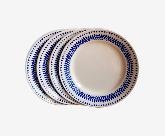 Ensemble de 4 assiettes plates Badonviller décor géométrique bleu sur fond crème