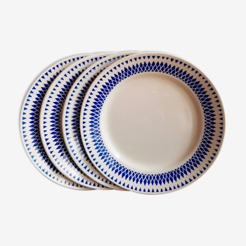 Set of 4 flat plates Badonviller blue geometric décor on cream background