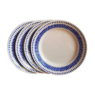Set of 4 flat plates Badonviller blue geometric décor on cream background