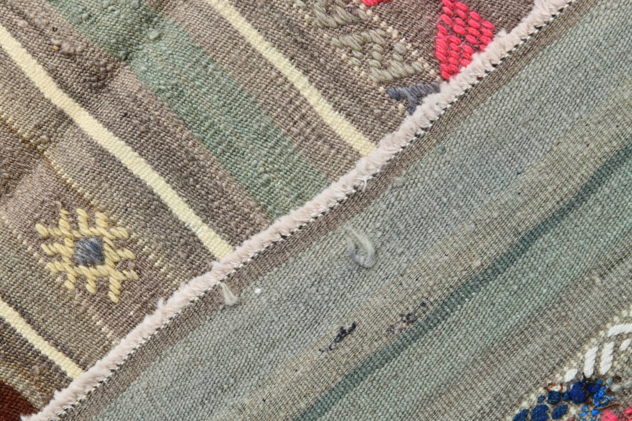 5x7 Gray & Green Pinstriped Turkish Kilim Rug, 147x218Cm