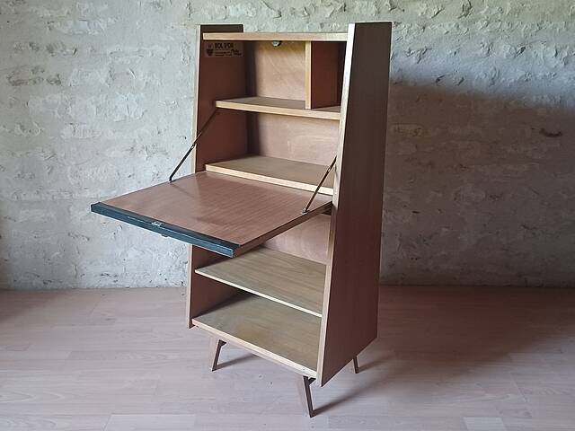 Vintage 1960s secretary with slanted design, light wood, compass legs