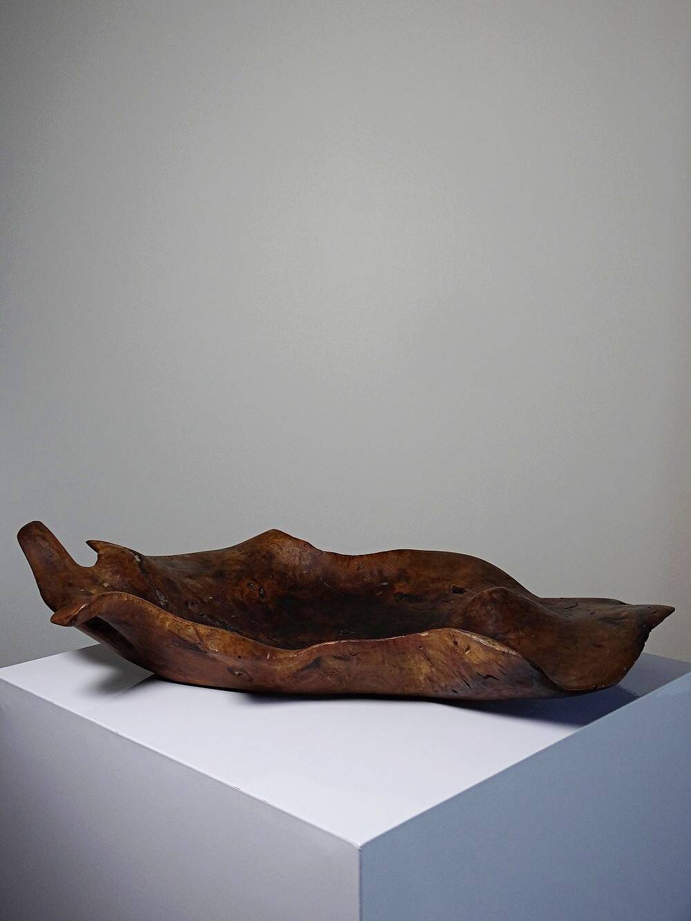 Large monoxyle bowl made of dark raw olive wood from the 1950s.
