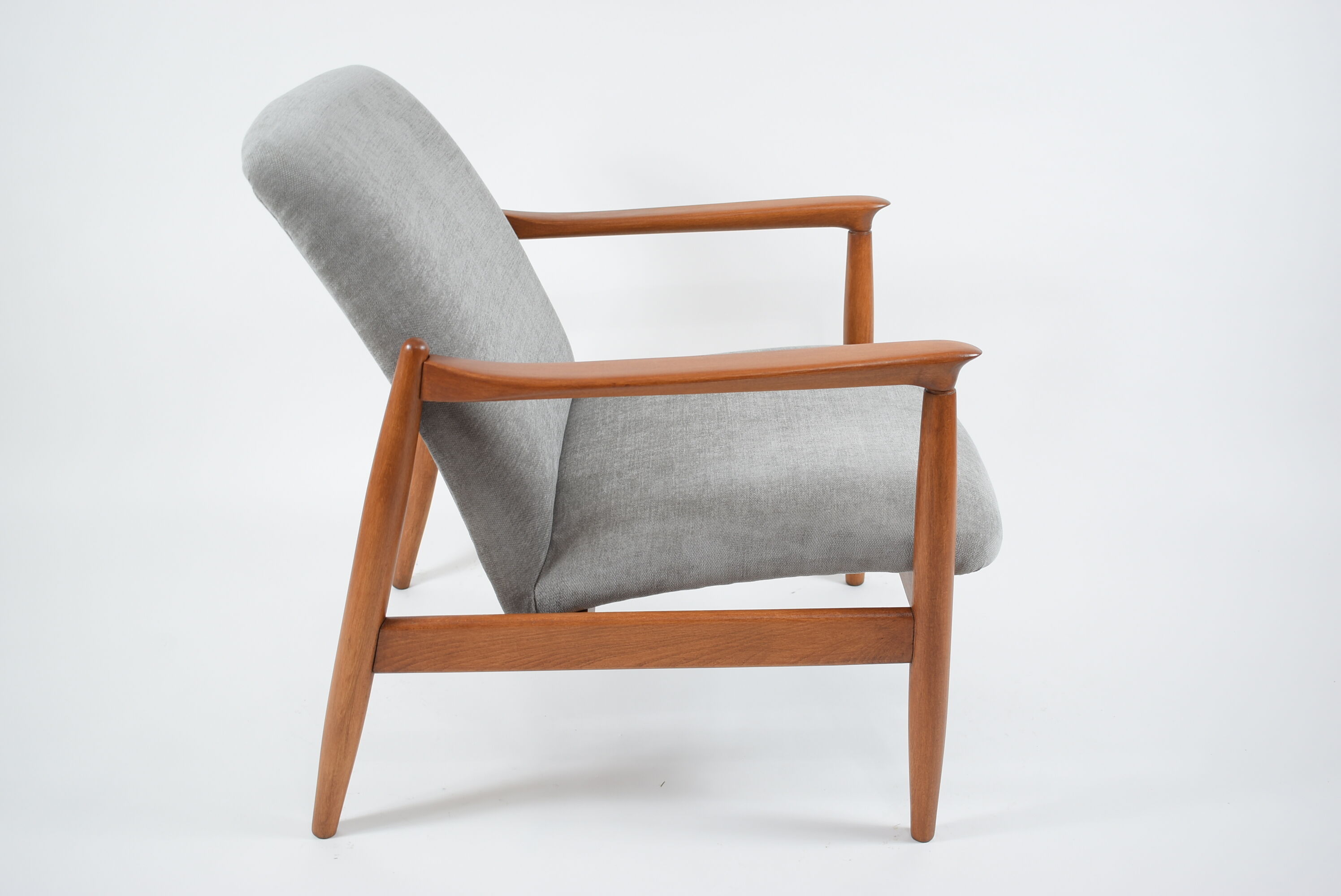 Original restored vintage armchair, designer E. Homma, grey fabric