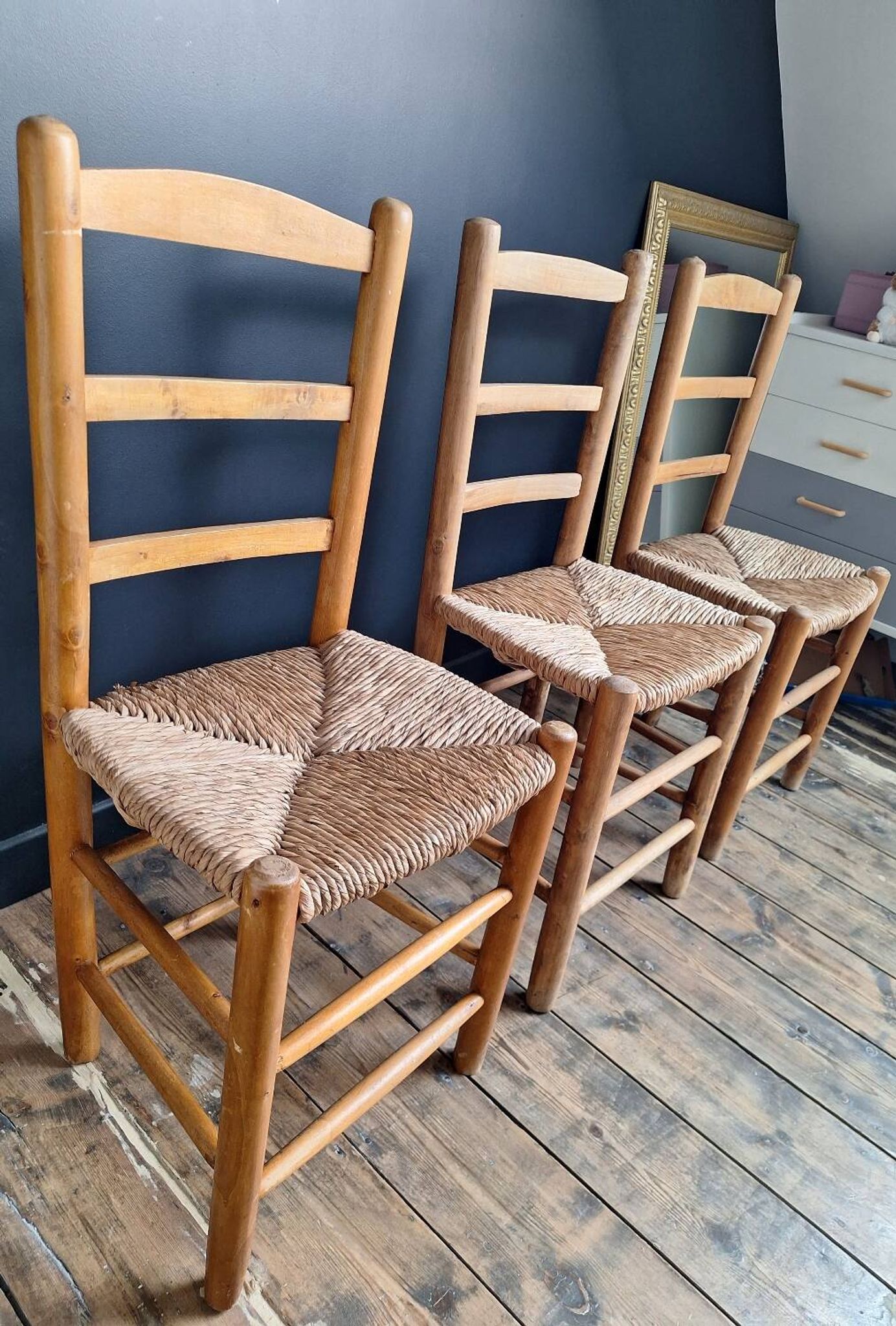 3 vintage straw chairs, antique seating furniture