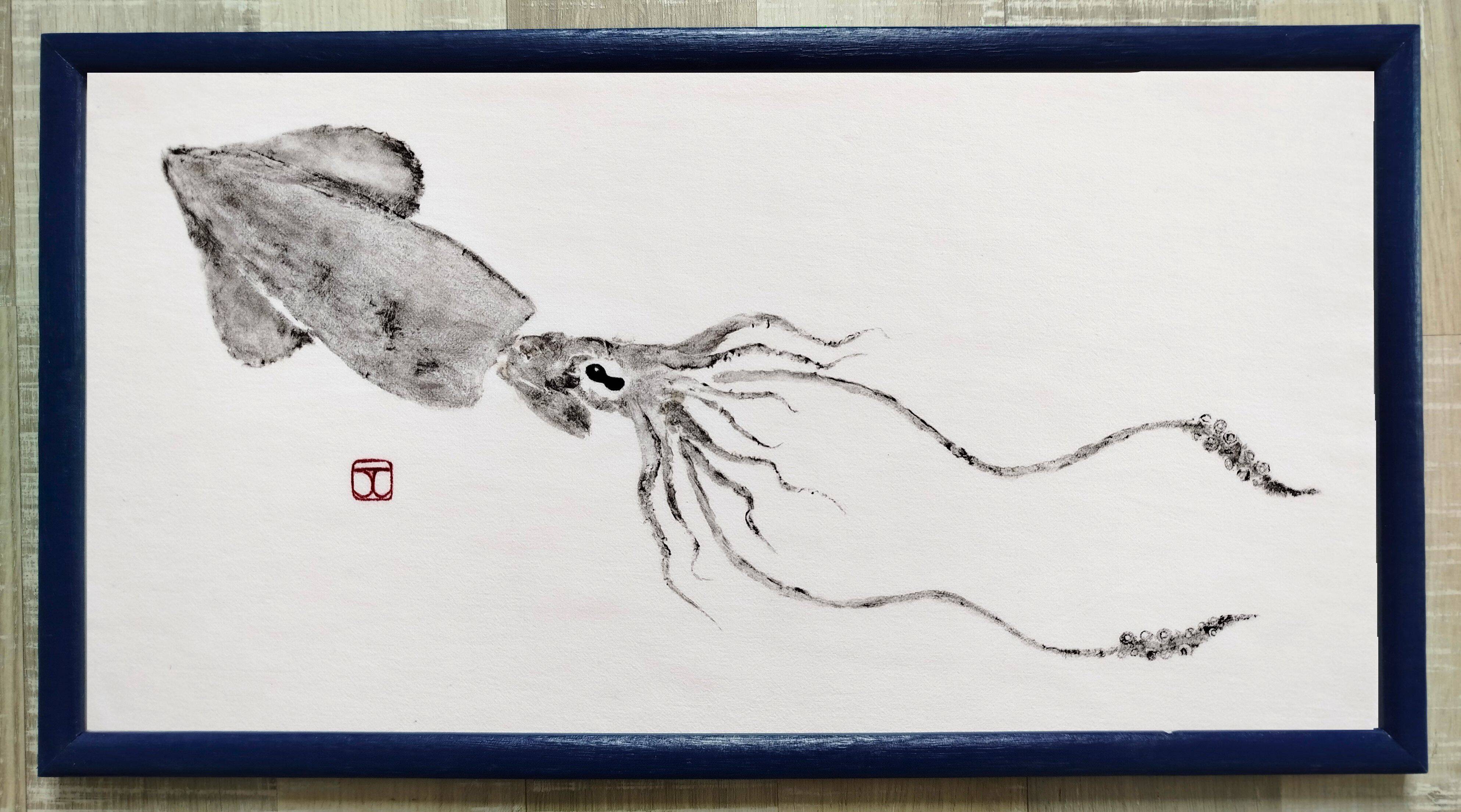 Original print of a squid, framed painting