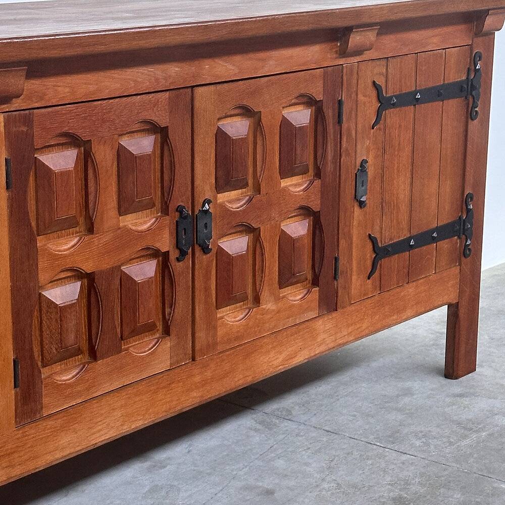 Brutalist solid oak sideboard with hand-forged iron hardware, Belgium, 1970s