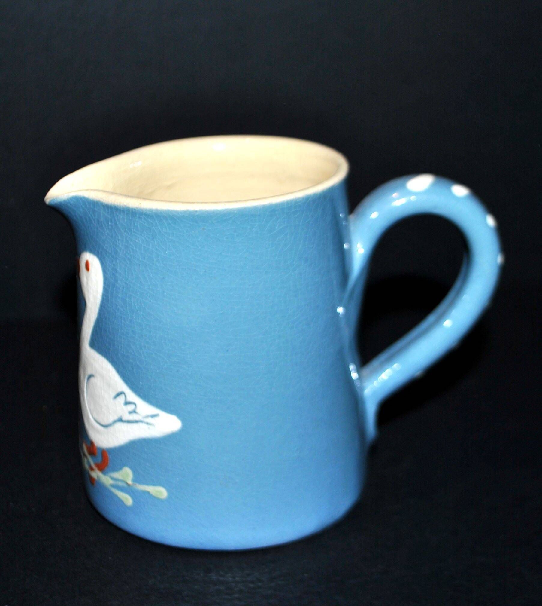 Soufflenheim terracotta pottery pitcher with blue goose decor