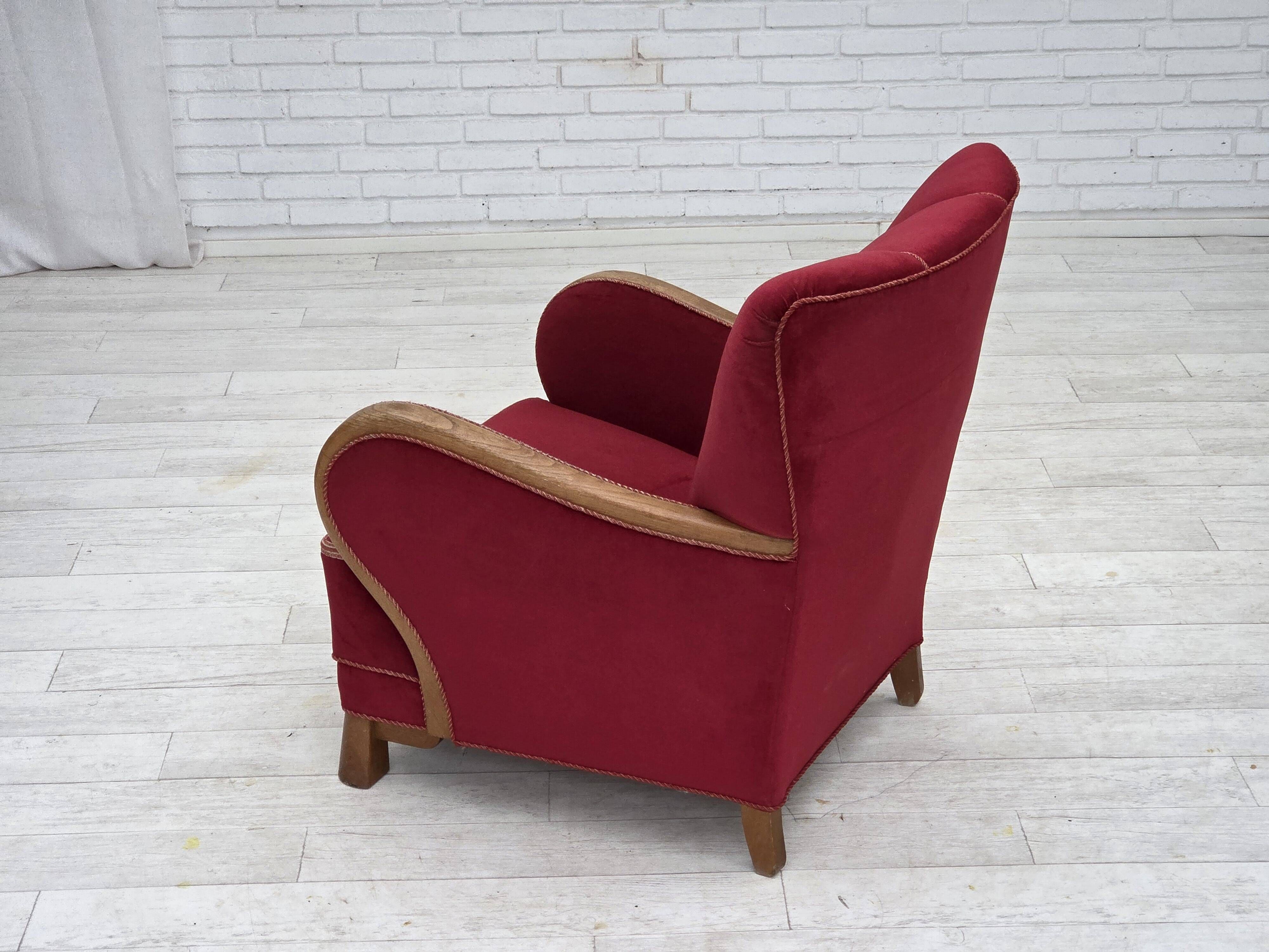 1960s, Danish armchair, red furniture velour, oak wood.