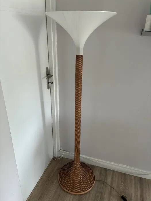 Italian Rattan Floor Lamp — Tulip Shade, 1970s