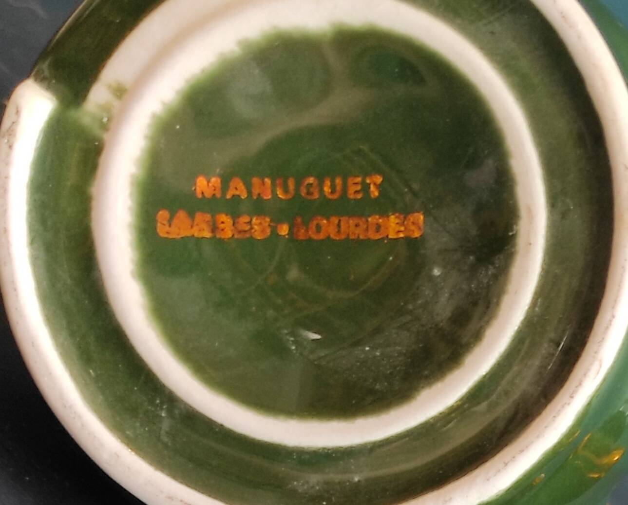 Set of two vintage French milk jugs in green and gold, Manuguet, Tarbes Lourdes