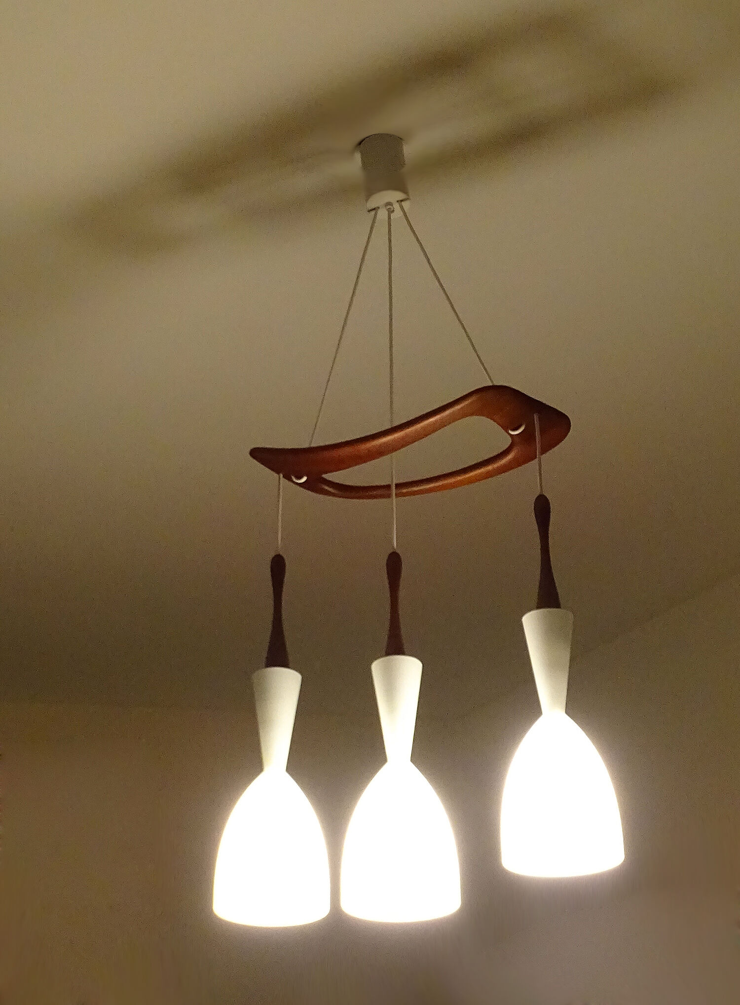 Scandinavian pendant lamp vintage, teak and opaline glasses, 50s