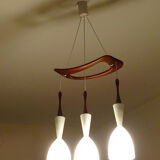 Scandinavian pendant lamp vintage, teak and opaline glasses, 50s