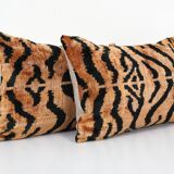 Handmade Tiger Ikat Velvet Pillow, Set of Two Silk Lumbar Pillowcase, Soft Couch Pillow Cover