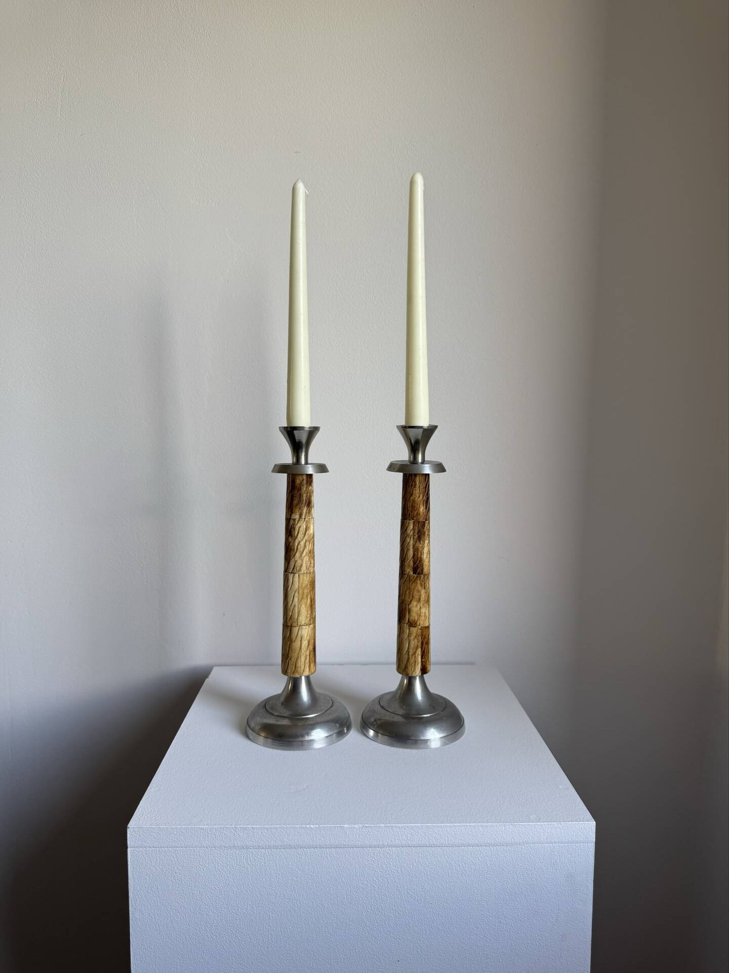 A Pair Of Vintage Mid Century Modern Metal With Faux Bone Candle Holde