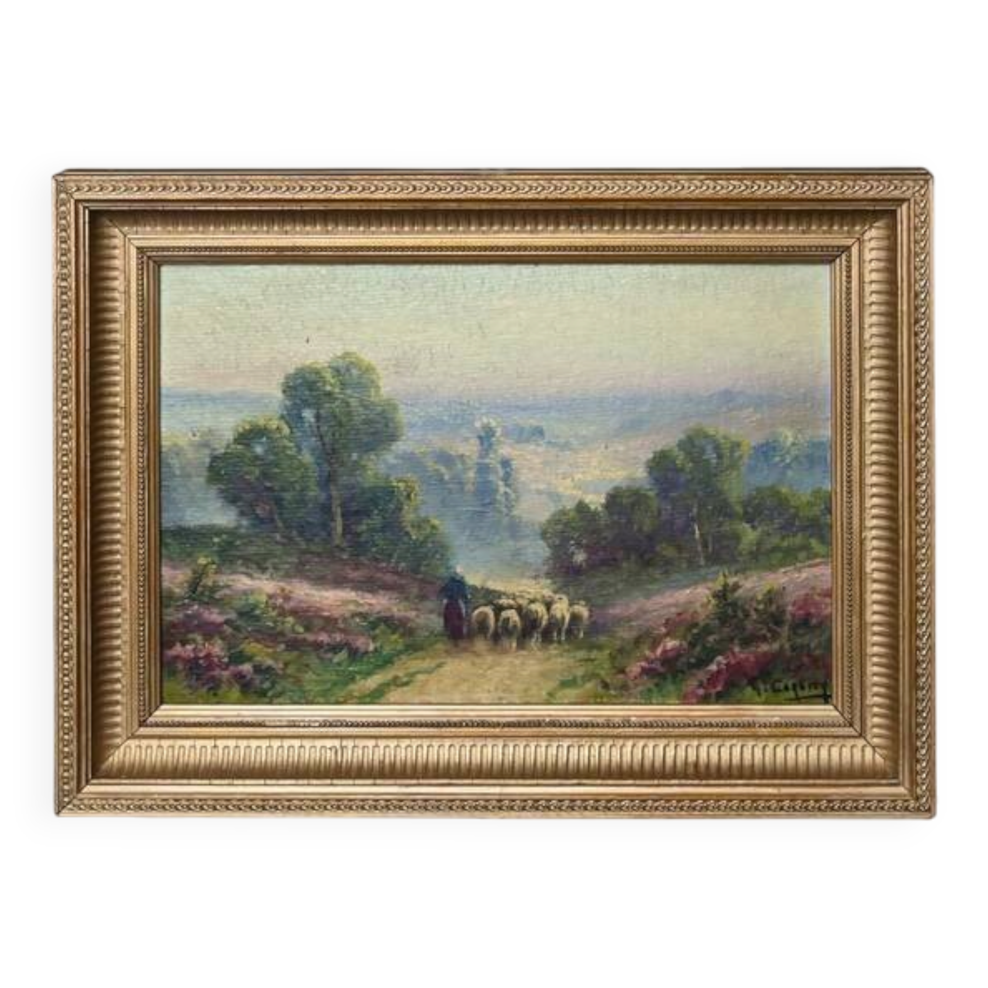 Painting "Shepherdess and her Flock", oil on panel signed G. Corbier – early 20th century