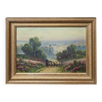 Painting "Shepherdess and her Flock", oil on panel signed G. Corbier – early 20th century