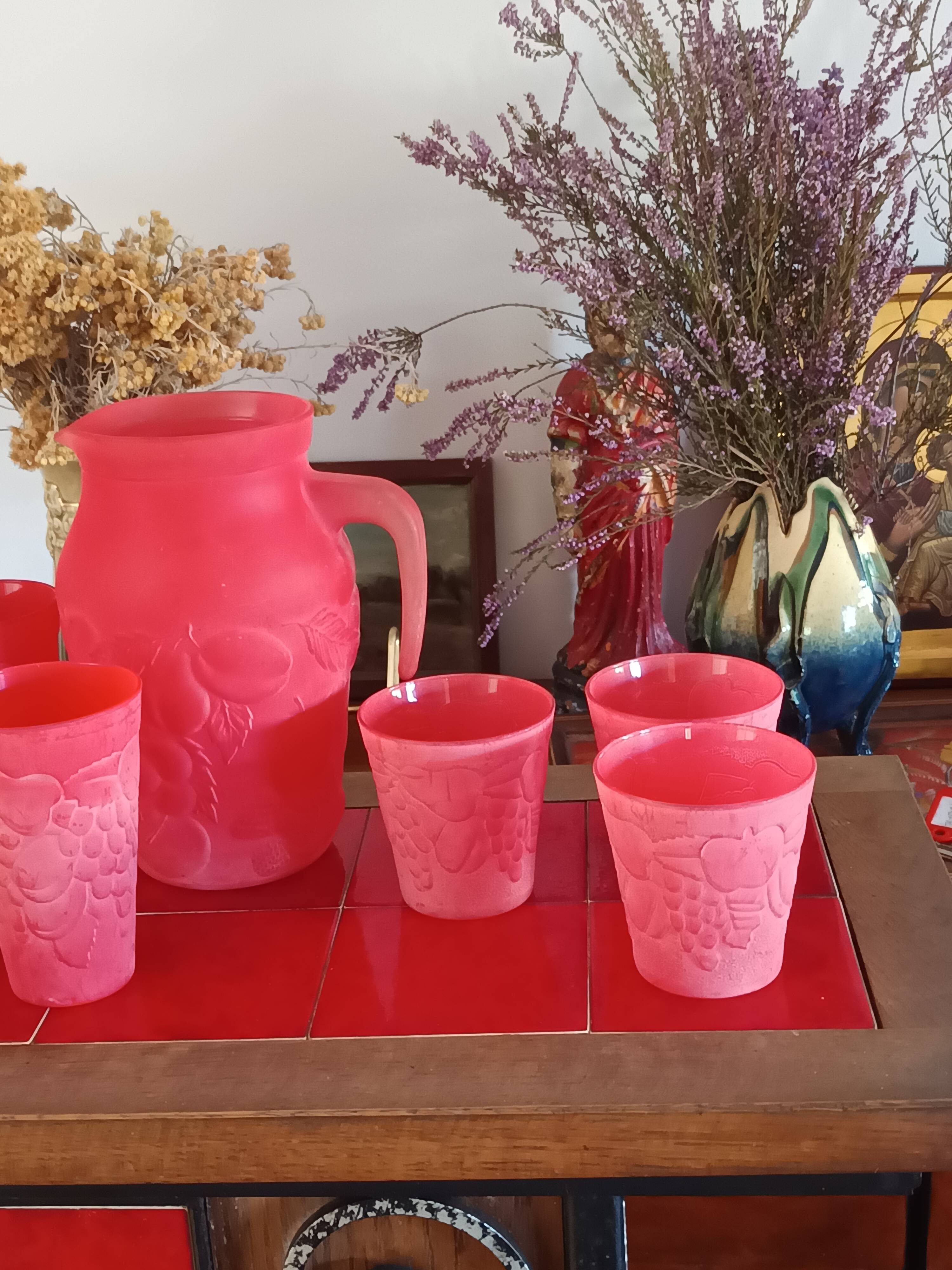 Cervé vintage red frosted glass orangeade set with fruit decoration