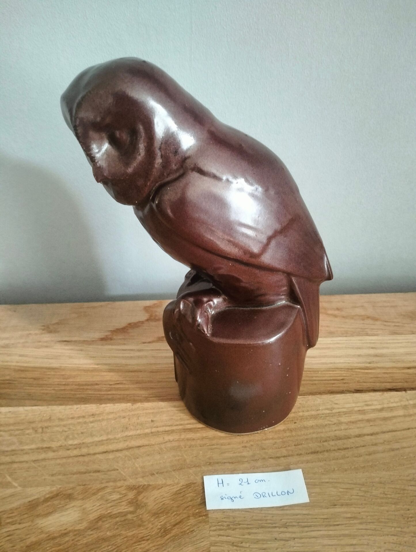 Glazed stoneware owl signed Drillon – Puisaye, 1950s