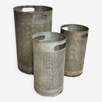 Vintage set of perforated metal waste bins