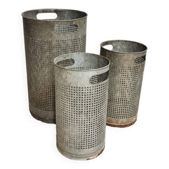 Vintage set of perforated metal waste bins