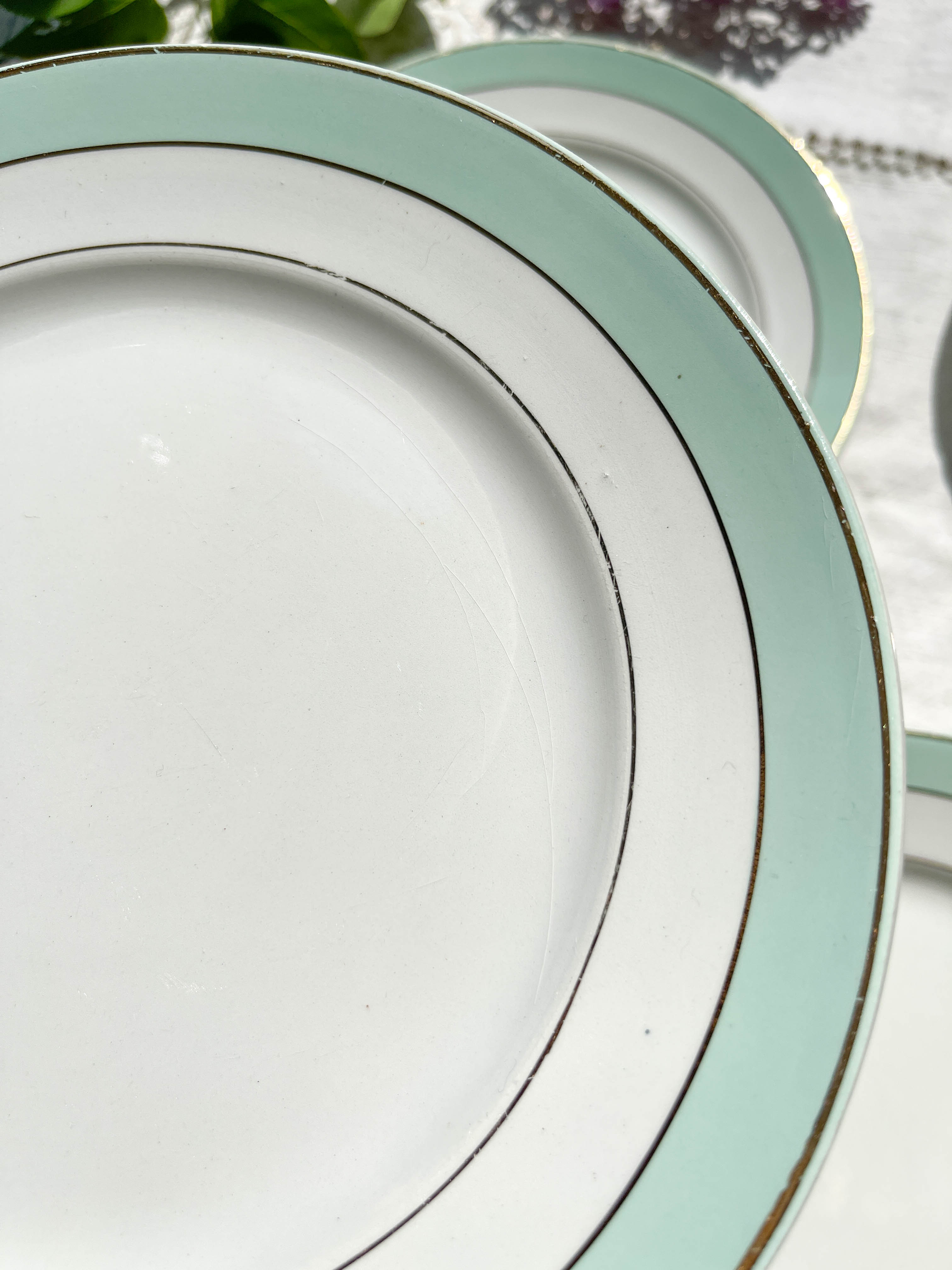 6 Badonviller flat plates in white, green and gold earthenware
