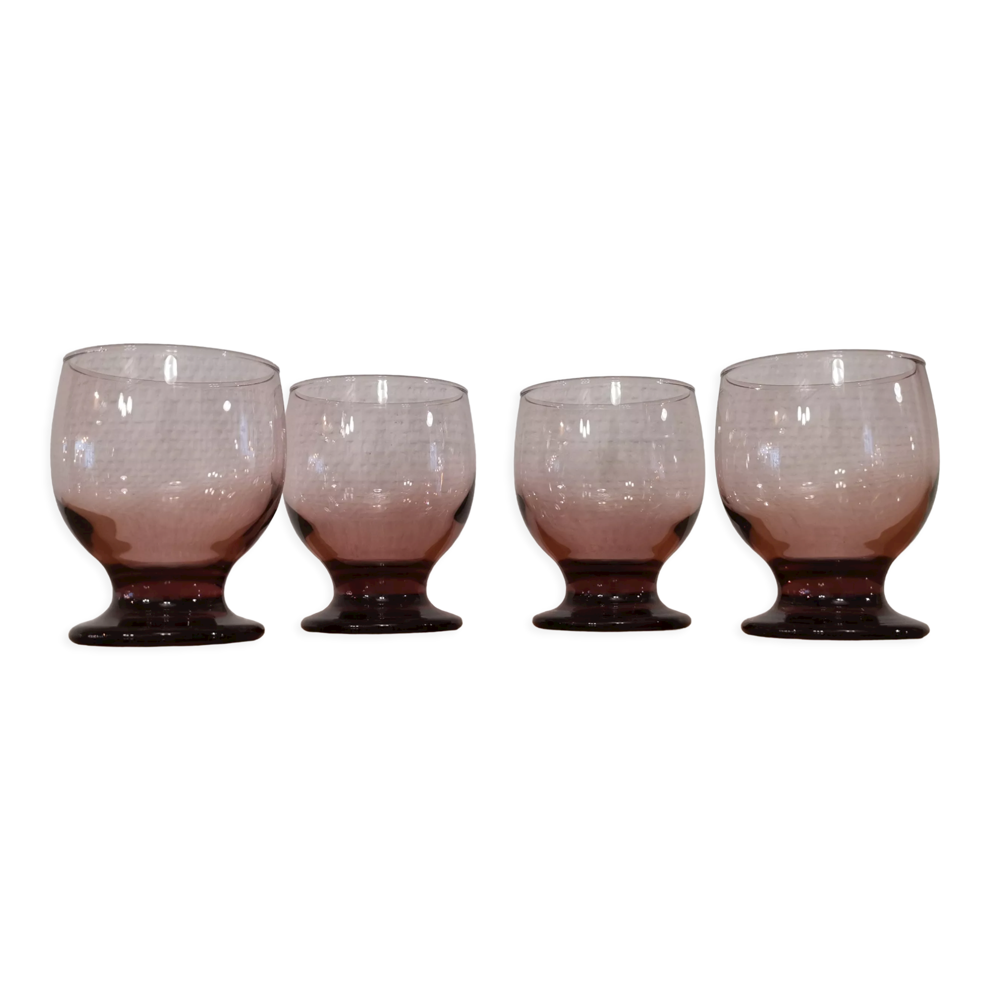 4 water glasses on foot pink purple vintage art deco