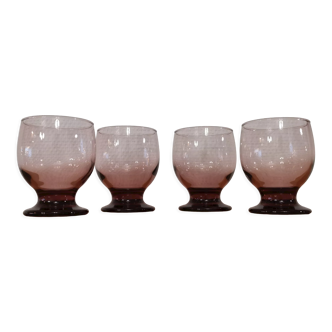 4 water glasses on foot pink purple vintage art deco