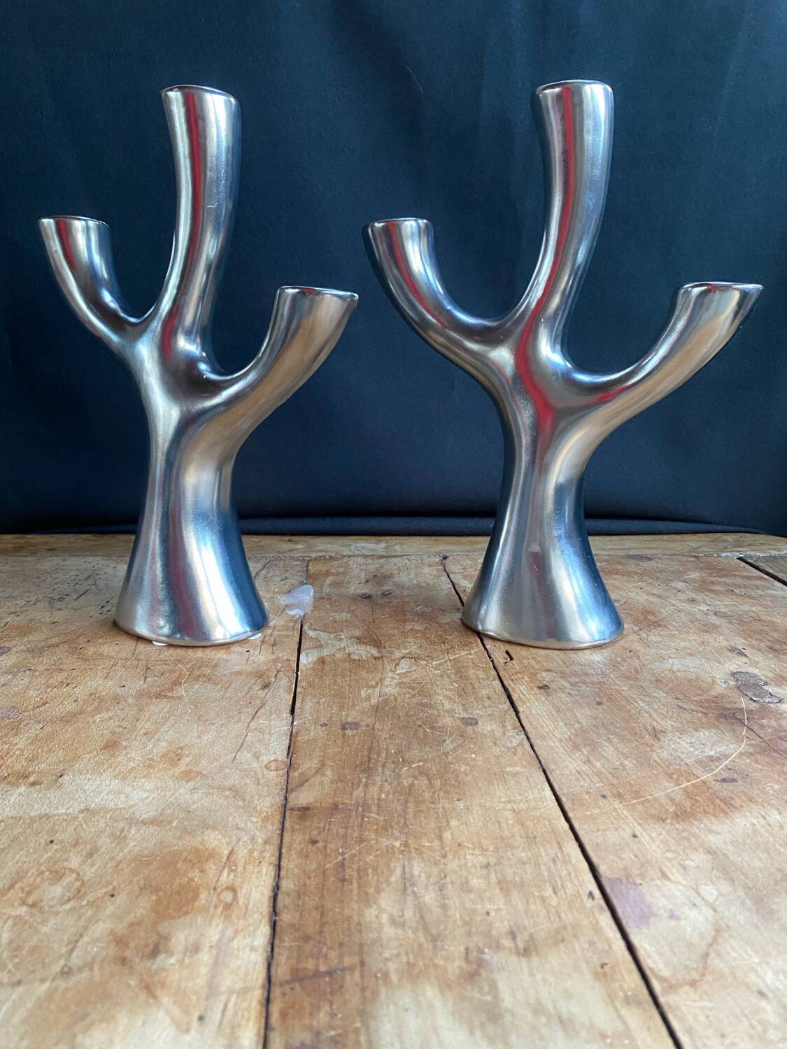 Silver candlesticks in the shape of a 3-branch tree