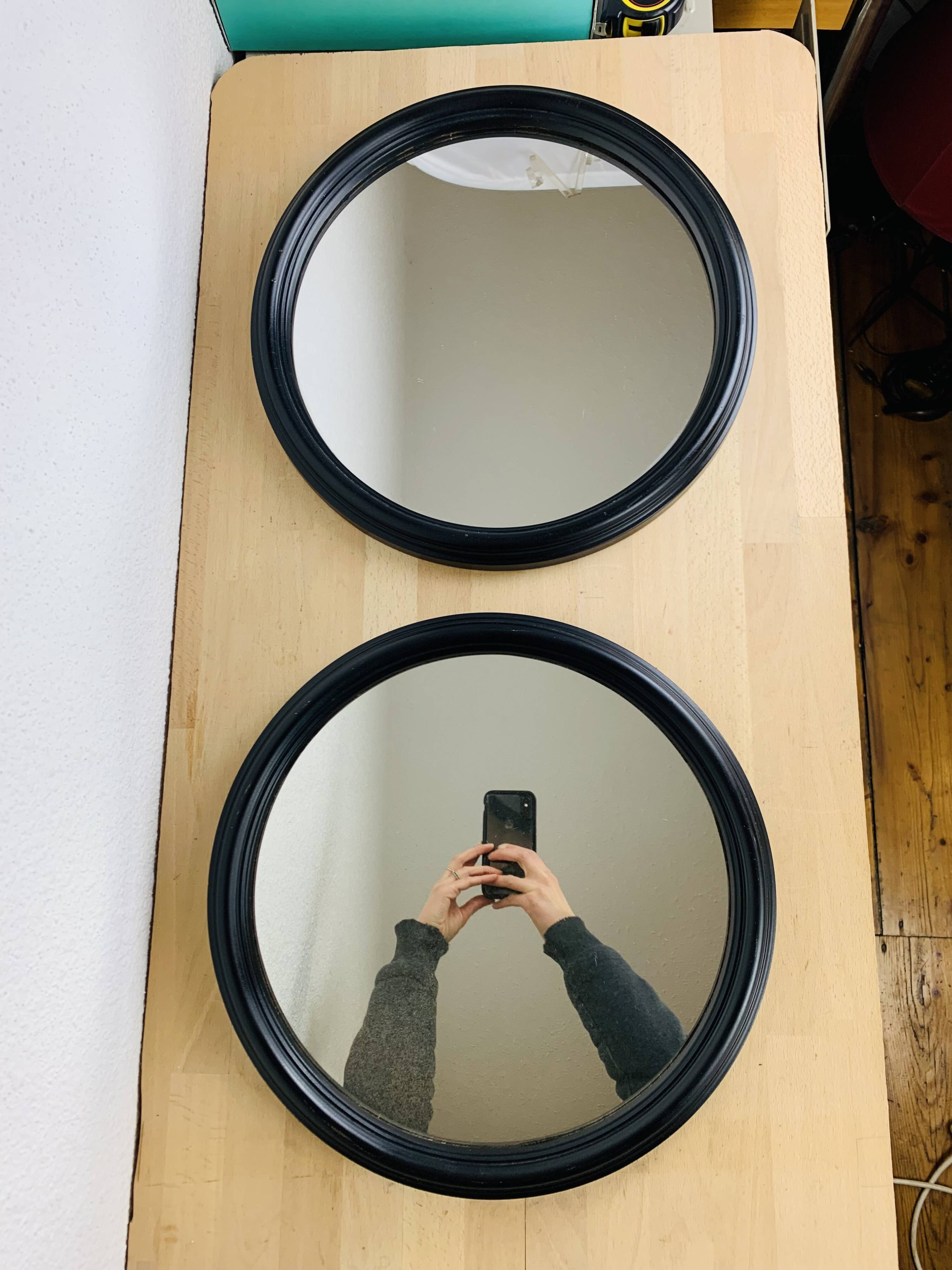 Pair of round mirrors with black rim 40 cm, vintage